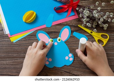Instructions, step 6. Congratulation Easter bunny toy card with easter egg. Handmade. Project of childrens creativity, handicrafts, crafts for kids.