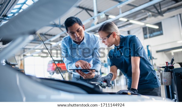 Instructor with a Tablet Computer is Giving a\
Task for a Future Mechanic. Female Student Inspects the Car Engine.\
Assistant is Checking the Cause of a Breakdown in the Vehicle in a\
Car Service.
