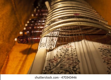 Instrument case with Sitar, a string traditional Indian musical instrument. Close-up
