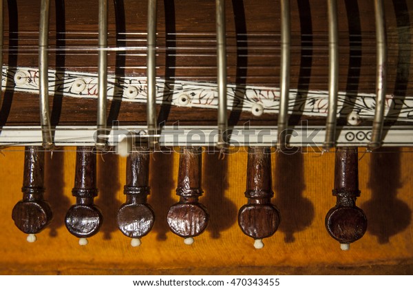 Instrument case with Sitar, a string traditional
Indian musical instrument.
Close-up