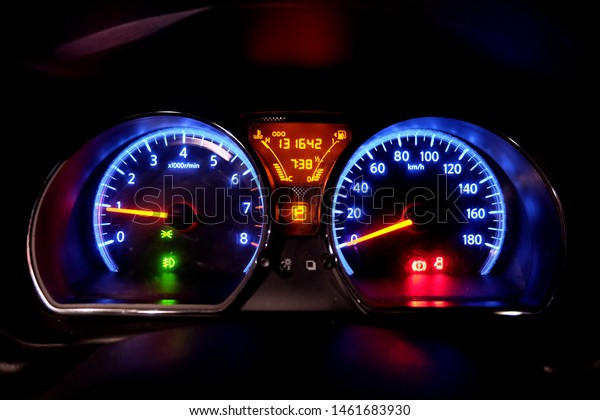 car​ instrument panel, car​ speed motor of​
night, car​ dashboard​ modern​ automobile control​illuminated
panel​ speed display.