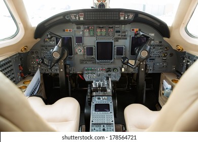 Instrument Panels In Cockpit Of Private Business Jet