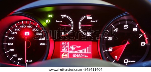 Instrumentation panel of a modern car with turbo\
pressure meter