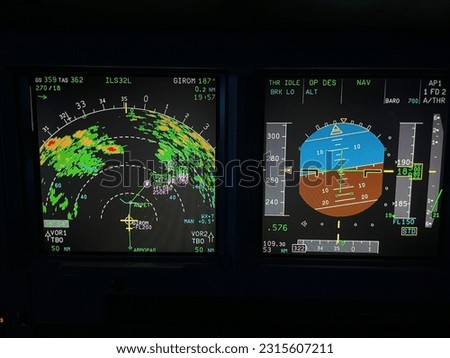 Instruments displaying primary flight information, and navigation display with weather radar in the cockpit of a modern airliner