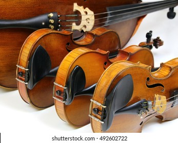 Instruments of a string quartet in a row: two violins, viola and violoncello