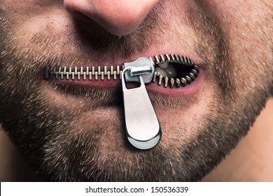Insubordinate man with zipped mouth - Shutterstock ID 150536339