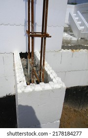 Insulated Concrete Forms (icf) On House Construction. Close Up On Crowbars With Cement Concrete In The  Insulated Concrete Forms. Building ICF Energy Saving House Walls.