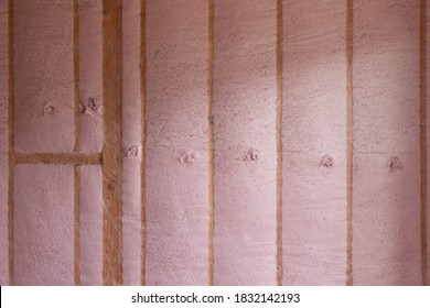 Insulation installed in new home construction with wood studs.