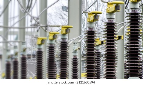 Insulators Built In Rows In An Electric Utility Substation, Selective Focus.