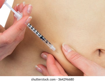 Insulin Diabetes Patient Make A Subcutaneous Injection By Single Use Syringe With Needle And Rapid-acting Humalog Insulin Into Abdomen By Doctor Prescription Isolated On A White Background