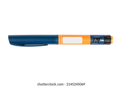 Insulin Pen Isolated On White Background. Diabetes Devices Isolated. Injector Pen For Treatment Diabetes Disease. Medical Injector Pen For Injecting Insulin.