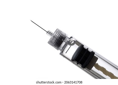 insulin pen needle, threaded to attach securely and safely to insulin pen, solution for injection in pre-filled pen, device for easy self injection, on white background