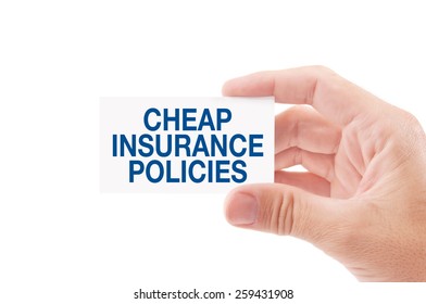 Insurance Agent Holding Business Card With Cheap Insurance Policies Title, Isolated On White Background.