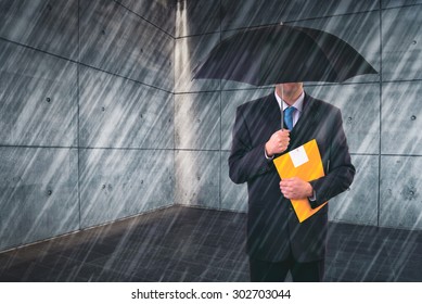 Insurance Agent With Umbrella Protecting From Rain In Urban Outdoor Setting, Risk Assessment And Analysis