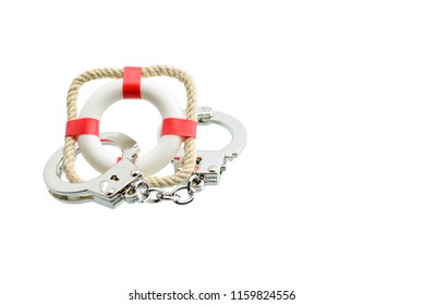 Insurance Bad Faith / Fair Act Or Dealing Concept : Handcuff And Red Lifebuoy Isolated On White, Depicts A Tort Claim An Insured Person Can Have Against An Insurance Company For Its Bad Or Unfair Acts