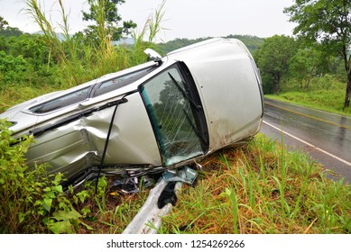 Insurance Car Accident Scene / The Van Car Accident On The Road With Overturned On The Street Slippery Road After Rain And Wet