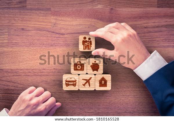 Insurance\
company client take out complete insurance concept. Assurance and\
insurance: car, real estate and property, travel, finances, health,\
family and life. Top-down view flat lay\
design.