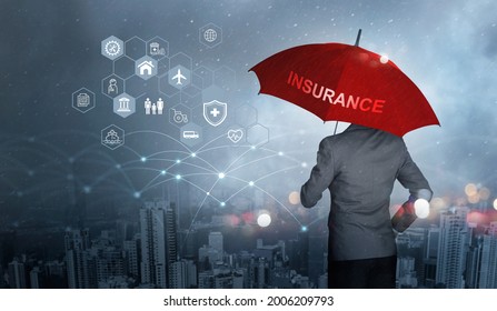 Insurance concept, Businessman holding red umbrella on falling rain with protect with icon business, health, financial, life, family, accident and logistics  insurance on city background - Shutterstock ID 2006209793