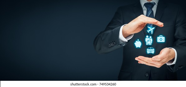 Insurance concept. Businessman with protective gesture and insurance icons: car, travel, family and life, financial and health insurance. - Shutterstock ID 749534260
