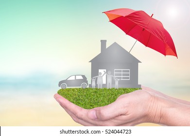 Insurance Concept Of Car Insurance, Life Insurance, Home Insurance To Protection By Umbrella.