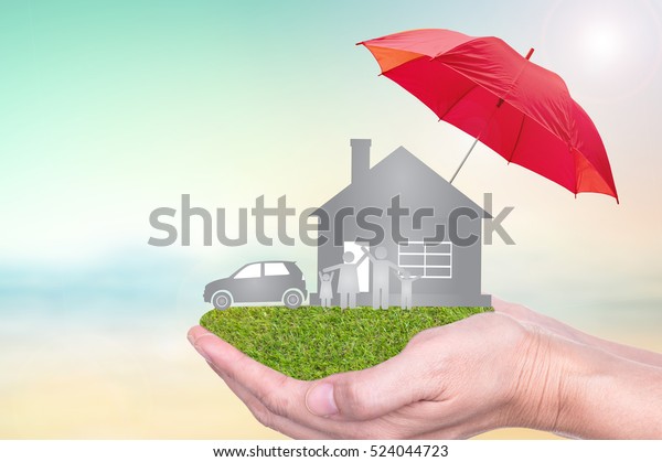 Insurance concept of car\
insurance, life insurance, home insurance to protection by\
umbrella.