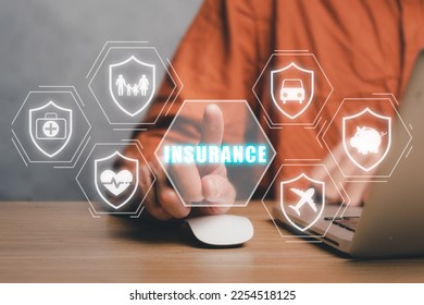 insurance concept, Person hand touching virtual screen insurance icon on office desk workplace,  life, buildings, household, car, liability, policy, accident. - Shutterstock ID 2254518125