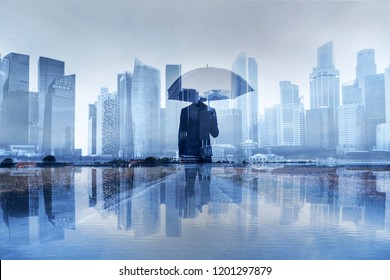 Insurance Concept, Risk In Business, Businessman With Umbrella Double Exposure