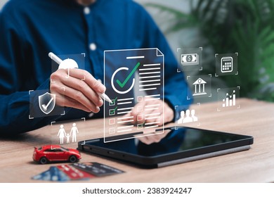 Insurance document checklist and Sign contact concept, Businesswomen check on a digital checklist detail of conditions  Insurance life protection from using a car, Travel, family, and life, financial - Powered by Shutterstock