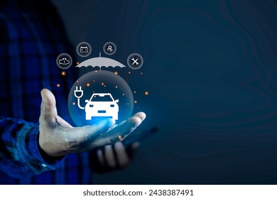 insurance EV Car concept. Increase in insurance premiums. 
Rising interest rates on electric cars, housing. Protecting electric cars. Car EV icon on businessman's hand. - Powered by Shutterstock