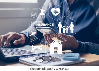 Insurance Online Insurtech Business Finance Technology Concept. Businessman Using Smartphone And Computer To Insurance Online For Life And Family, Property, Health, Car, Travel, Education, Financial.