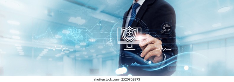 Insurance Technology Business Graph and Data of Predictive Analytics, Business Growth, Businessman Touch and Analyzing Data Growth of Claims Processing, Risk Management, Customer Engagement - Powered by Shutterstock - Get 15% off with code: PIKWIZARD15