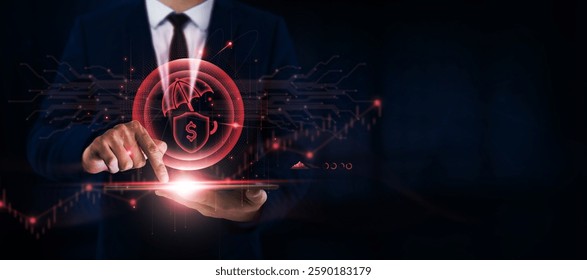 Insurance Technology, Innovation, Businessman Uses Tablet and Digital Networking Interface on InsurTech Icon on Global Platform, Connectivity.