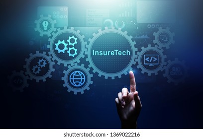 Insurtech button on virtual screen. Insurance technology internet digital iot insured family car property health.