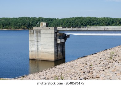 The intake tower on Falls Lake controls water that flows through the Falls Lake Dam continuing into the Neuse River regulating the depth of the water behind the earthen dam.