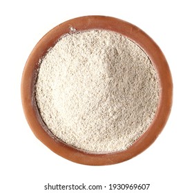 Integral Barley Flour In Clay Pot Isolated On White Background, Top View