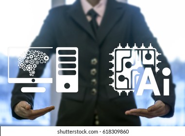 Integrated Artificial intelligence, Smart Computer. Man offers icons AI microchip and gear brain computer on virtual screen. Installation intelligent unmanned management process, development