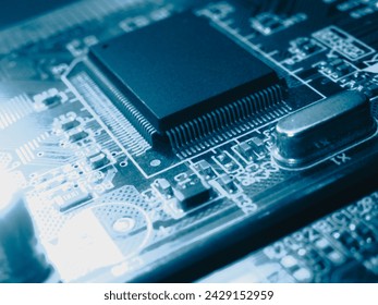 Integrated communication processor. Digital Microprocessor. Computer Controller. Circuit Board closeup. Technology processor semiconductor hardware