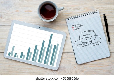 integrated management system bar chart on vintage table - Shutterstock ID 563890366
