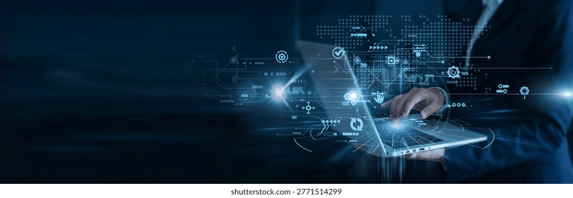 Integrating software systems through seamless connections and data exchange. Developer working on laptop building API for cross-platform functionality and enhanced application interoperability.