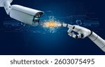 Integration of artificial intelligence (AI) with CCTV surveillance robotic hand symbolizing AI reaches out to interact with a high-tech security camera revolutionizing protocols in security systems.