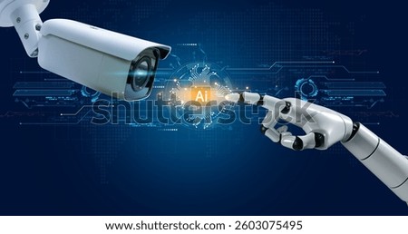 Integration of artificial intelligence (AI) with CCTV surveillance robotic hand symbolizing AI reaches out to interact with a high-tech security camera revolutionizing protocols in security systems.