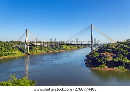 The Integration Bridge, a massive cable-stayed structure crossing the Parana River between Foz do Iguacu, Brazil and Presidente Franco, Paraguay