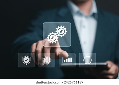 Integration data system concept. System Integration technology, Businessman touch Integration icon on virtual screen for industrial and smart technology. Business and automation solutions. 