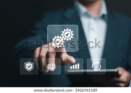 Integration data system concept. System Integration technology, Businessman touch Integration icon on virtual screen for industrial and smart technology. Business and automation solutions. 