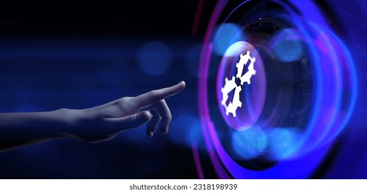 Integration data system technology concept. Hand pressing virtual button.