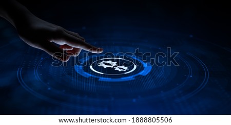 Integration data system technology concept. Hand pressing virtual button.