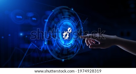 Integration data system technology concept. Hand pressing virtual button.