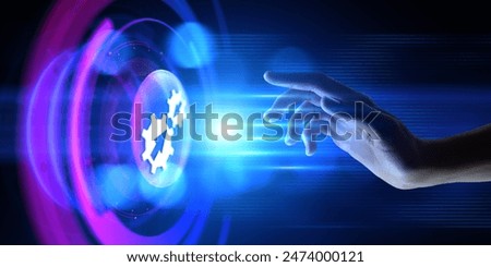 Integration data system technology concept. Hand pressing virtual button.