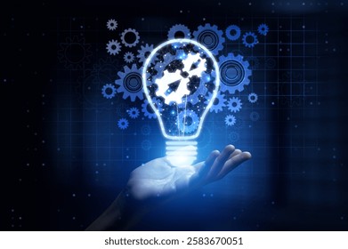 Integration Unifying Systems and Processes for Enhanced Efficiency with Human Hand Holding Lamp Hologram.