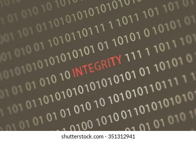 'Integrity' word in the middle of the computer screen surrounded by numbers zero and one. Image is taken in a small angle. Image has a vintage effect applied
